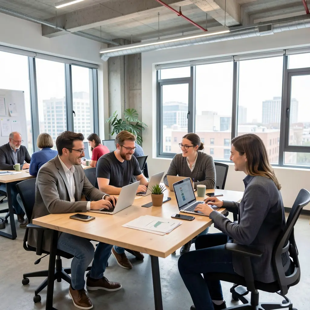 Modern collaborative workspace with entrepreneurs working together